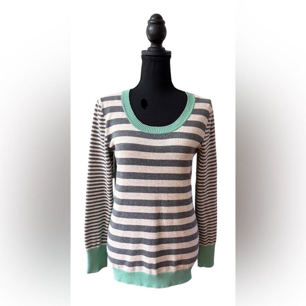 Olive & Oak Mint Green, Cream, And Gray Striped Rayon Sweater